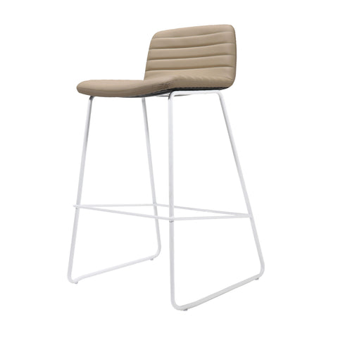 Pixel Bar Stool in beige PU leather with ribbed stitching detail and white sled base with foot rail, modern and durable seating