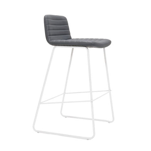 Pixel Bar Stool in navy PU leather with ribbed stitching detail and white sled base with foot rail, modern and durable seating