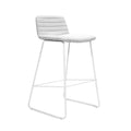 Pixel Bar Stool in light grey fabric upholstery with ribbed stitching detail and sturdy white sled base with foot rail