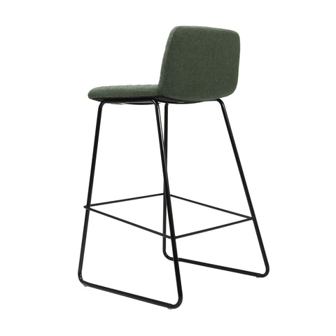 Pixel Bar Stool in olive fabric upholstery with ribbed stitching detail and sturdy black sled base with foot rail
