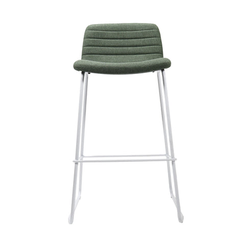 Pixel Counter Stool in olive fabric upholstery with ribbed stitching detail and white sled base with foot rail, modern and durable seating