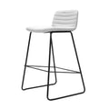 Pixel Counter Stool in light grey fabric upholstery with ribbed stitching detail and black sled base with foot rail, modern and durable seating
