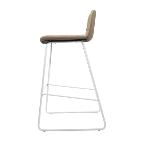 Pixel Counter Stool in beige PU leather with ribbed stitching detail and white sled base with foot rail, modern and durable seating