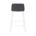 Pixel Counter Stool in grey PU leather with ribbed stitching detail and white sled base with foot rail, back view