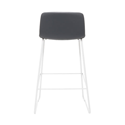 Pixel Counter Stool in grey PU leather with ribbed stitching detail and white sled base with foot rail, back view