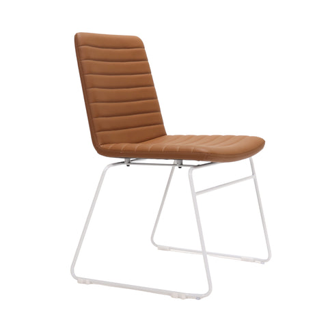 Pixel Sled base chair in amber PU leather with ribbed stitching detail and white sled base 