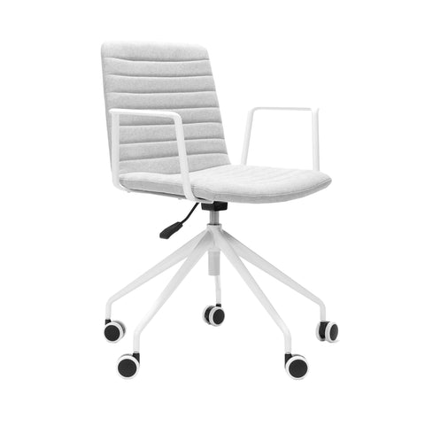 Pixel Swivel Chair in Light Grey Fabric with ribbed stitching and black or white 5-star base. with White Arms