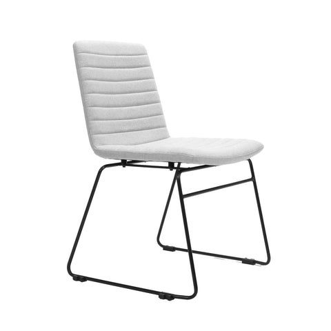 Pixel sled base chair in light grey fabric upholstery with ribbed stitching detail and sturdy black sled base