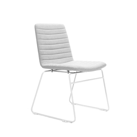Pixel sled base chair in light grey fabric upholstery with ribbed stitching detail and sturdy white sled base