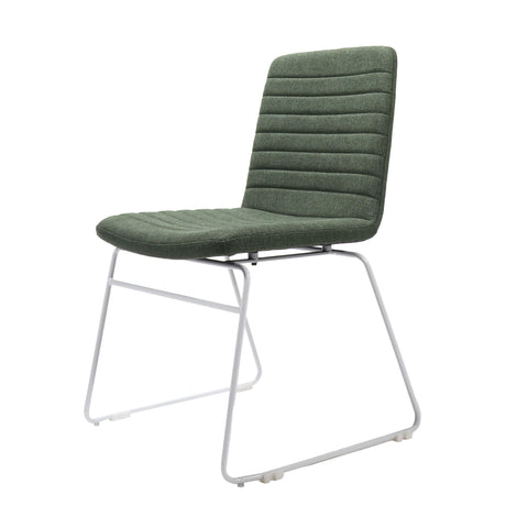 Pixel sled base chair in olive fabric upholstery with ribbed stitching detail and sturdy white sled base