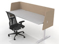 Privi Flex acoustic desk divider in beige mounted on a height adjustable workstation with office chair