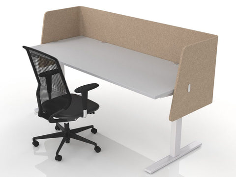 Privi Flex acoustic desk divider in beige mounted on a height adjustable workstation with office chair