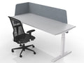 Privi Flex acoustic desk divider in gray mounted on a workstation, with an office chair in front, designed for noise reduction and privacy in modern offices