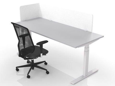 Privi Flex acoustic desk divider in white mounted on a height adjustable workstation with office chair