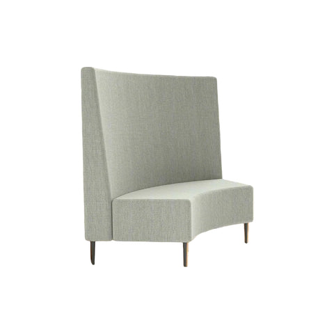 Curved high-back lounge with fixed cushioning, upholstered in custom fabric, designed for acoustic comfort and breakout areas.