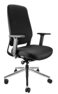 Black Roma Executive chair with a fabricated back and seat, adjustable armrests, and a polished alloy base with twin wheel castors.