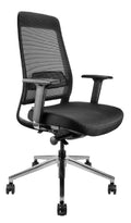 Black Roma Executive chair with a mesh back, fabric seat, adjustable armrests, and a polished alloy base with twin wheel castors.