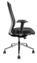 Black Roma Executive chair with a mesh back, fabric seat, adjustable armrests, and a polished alloy base with twin wheel castors.