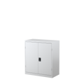 White storage cabinet with two doors and a locking mechanism, designed for office storage.