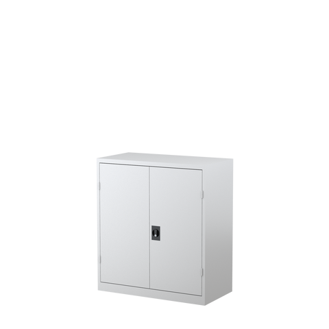 White storage cabinet with two doors and a locking mechanism, designed for office storage.