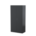 Graphite storage cabinet with two doors and a locking mechanism, designed for office storage.