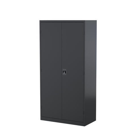 Graphite storage cabinet with two doors and a locking mechanism, designed for office storage.