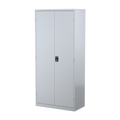 Silver Grey storage cabinet with two doors and a locking mechanism, designed for office storage.