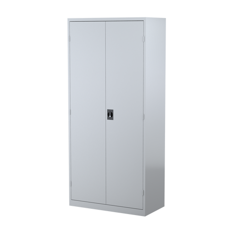 Silver Grey storage cabinet with two doors and a locking mechanism, designed for office storage.