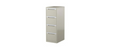 A vertical filing cabinet with four drawers, in a beige color, with a recessed handle and label holders on the drawer fronts.