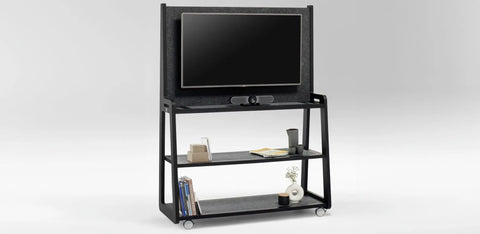 SixtySix unit in black finish with mounted AV screen, lower shelving, and plywood frame for workplace use
