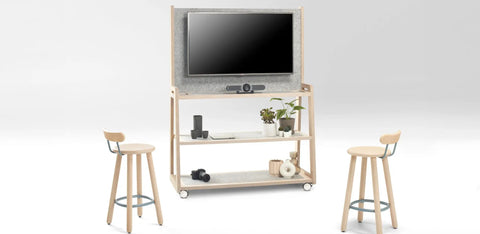 SixtySix unit in natural finish with mounted AV screen, lower shelving, and plywood frame for workplace use