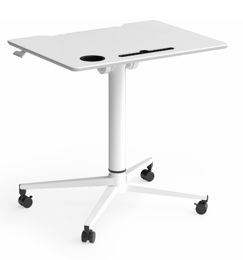 Sprint podium gas lift table with sit-to-stand height adjustment, compact nesting design, locking positions, and heavy duty casters for mobility