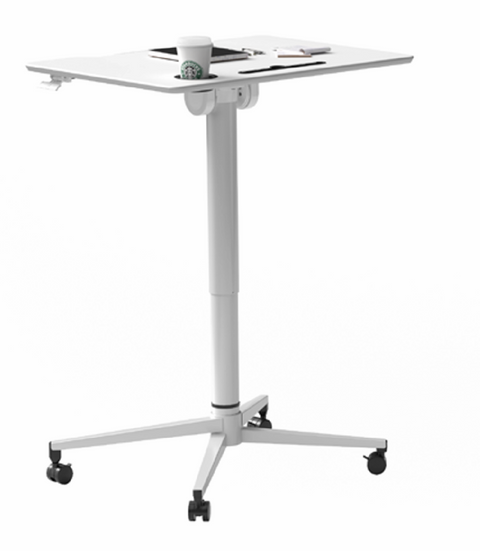 Sprint podium gas lift table with sit-to-stand height adjustment, compact nesting design, locking positions, and heavy duty casters for mobility