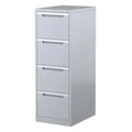A vertical filing cabinet with four drawers, in a silver grey color, with a recessed handle and label holders on the drawer fronts.