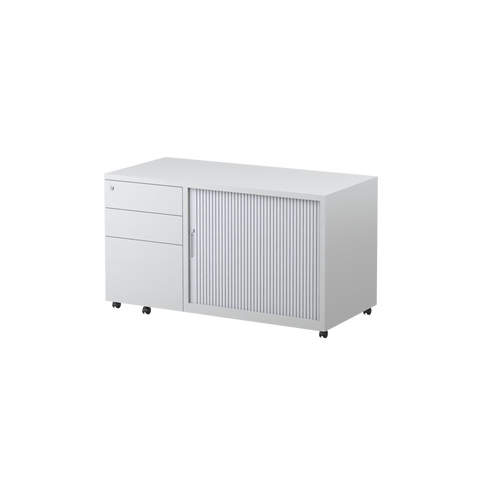 White Trimline Mobile Caddy with a Tambour side door, 3 drawers and lockable castors