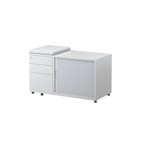 White Trimline Mobile Caddy with a Tambour side door, 3 drawers and lockable castors