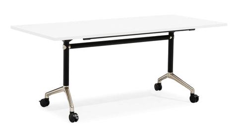 Typhoon Flip Top Table with a white tabletop, black frame, and polished aluminium feet with locking castors.