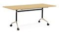 Typhoon Flip Top Table with oak tabletop, black frame, and polished aluminium feet with locking castors.