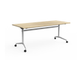 Uni Flip Table with melamine top in oak, safety flip mechanism, and lockable castors