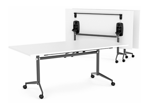 Uni Flip Table with melamine top in white, safety flip mechanism, and lockable castors