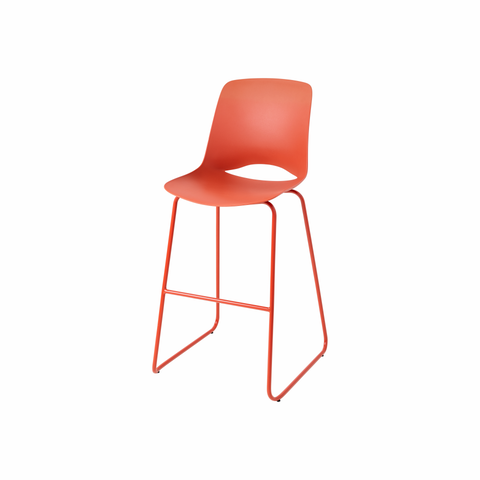 Vista Rise barstool in rust polypropylene shell, durable tall seating for cafeteria and breakout spaces
