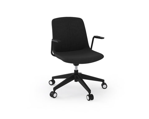 Vista Swivel Chair in black upholstered fabric with contoured seat, ergonomic armrests, and sturdy 5-star castor base