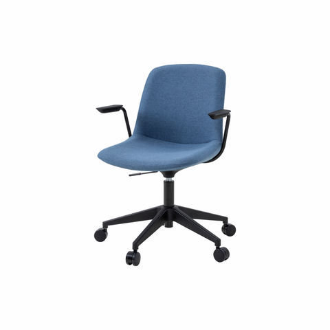 Vista Swivel Chair in blue upholstered fabric with contoured seat, ergonomic armrests, and sturdy 5-star castor base