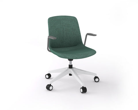 Vista Swivel Chair in green upholstered fabric with contoured seat, ergonomic armrests, and sturdy 5-star castor base