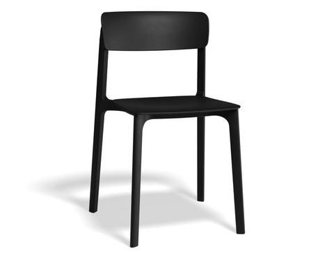 Black polypropylene Notion Chair with minimalist design, stackable and weather-resistant for indoor and outdoor use.