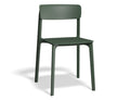Olive green polypropylene Notion Chair with earthy tone and modern design, stackable and built for all-weather use.