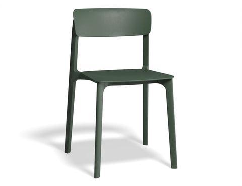 Olive green polypropylene Notion Chair with earthy tone and modern design, stackable and built for all-weather use.