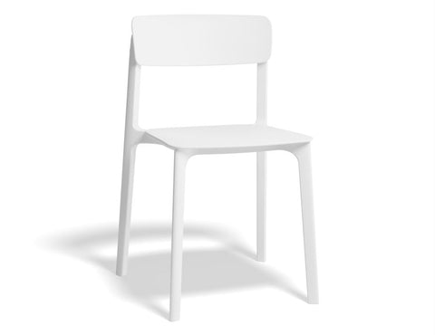 White polypropylene Notion Chair with clean modern lines, stackable and suitable for commercial indoor or outdoor spaces.