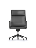 Black Mirage medium back executive office chair with polished aluminium base on castors, fixed aluminium armrests with black vinyl finish, and tilt tension control.