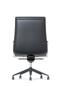 Back view of Black Mirage medium back executive office chair with polished aluminium base on castors, fixed aluminium armrests with black vinyl finish, and tilt tension control